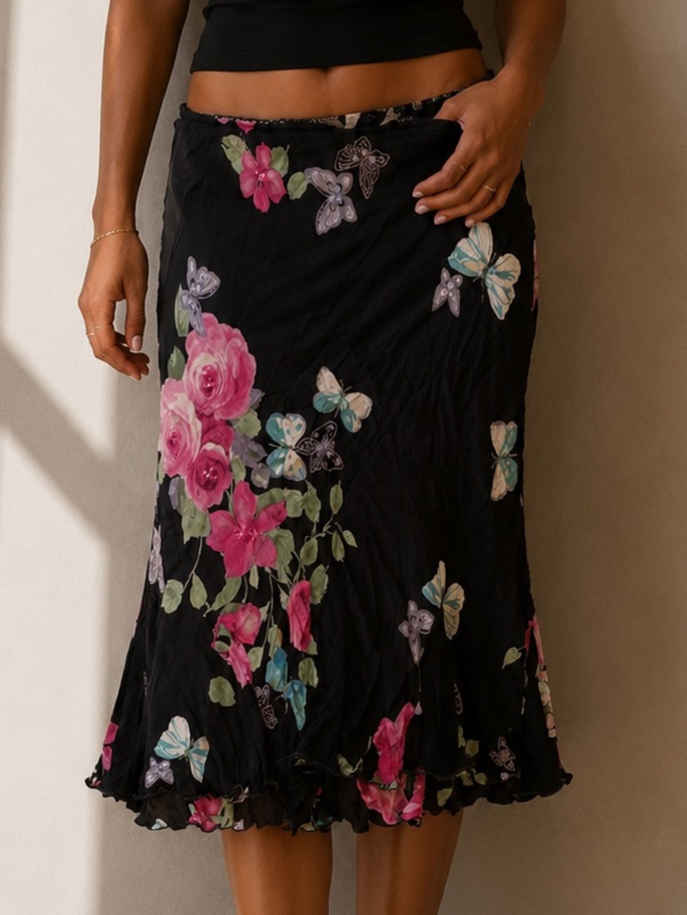 Vintage Flower and Butterfly Sequin Midi Skirt